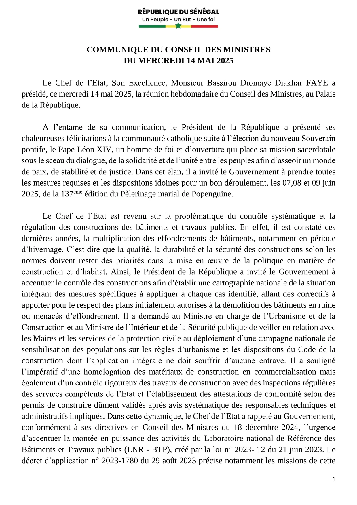 Conseil des ministres du 14 Mai 2025