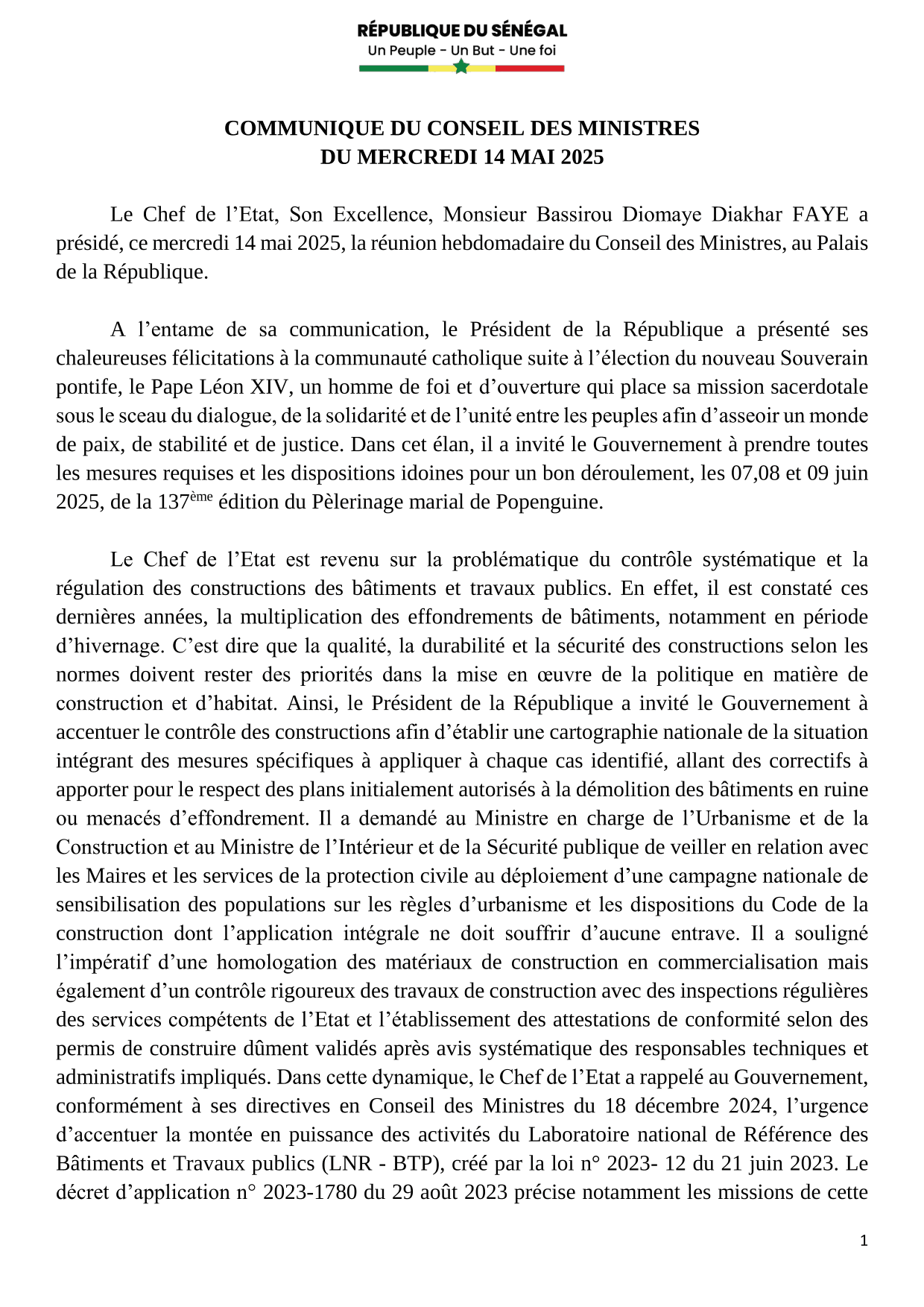 Conseil des ministres du 14 Mai 2025