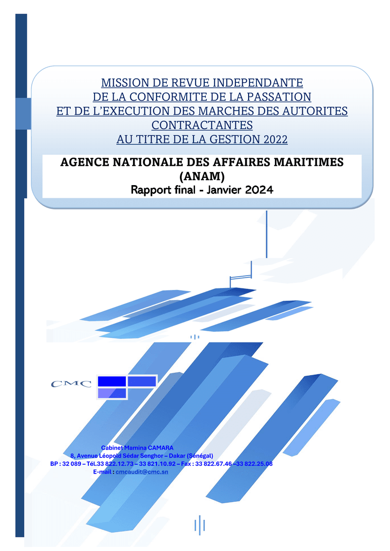 Rapport final de revue indépendante sur la conformité de la passation et de l’exécution des marchés 2022 de l’Agence nationale des affaires maritimes (ANAM) – ARCOP