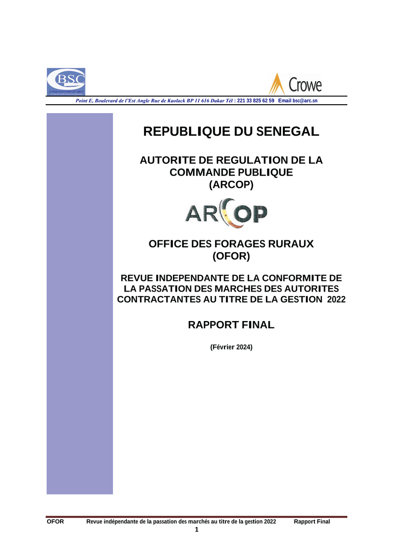 Rapport final d’audit de conformité des marchés publics de l’Office des Forages Ruraux (OFOR) – gestion 2022 – ARCOP