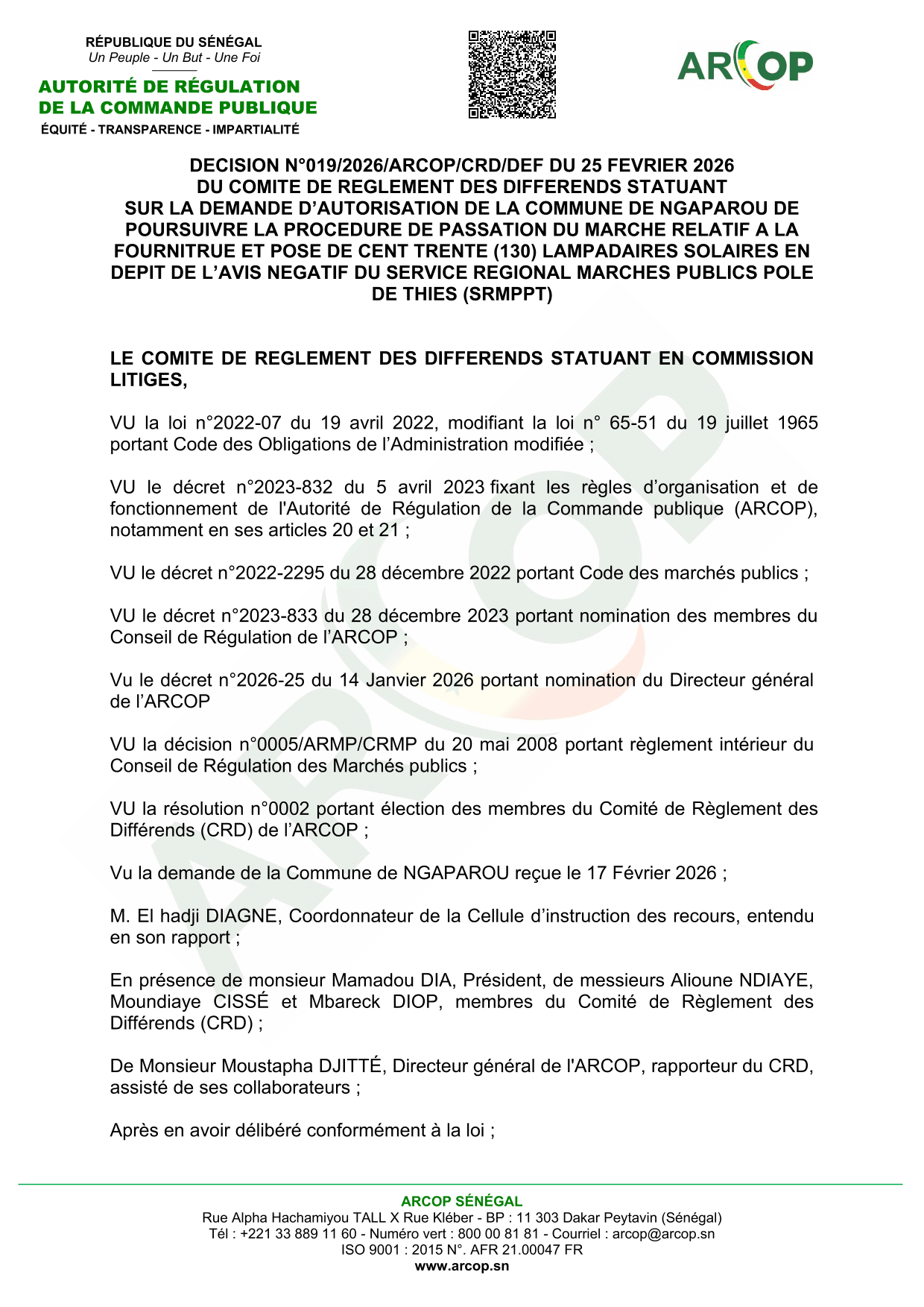 Décision n°019/2026/ARCOP/CRD/DEF sur le marché de 130 lampadaires solaires de Ngaparou – ARCOP