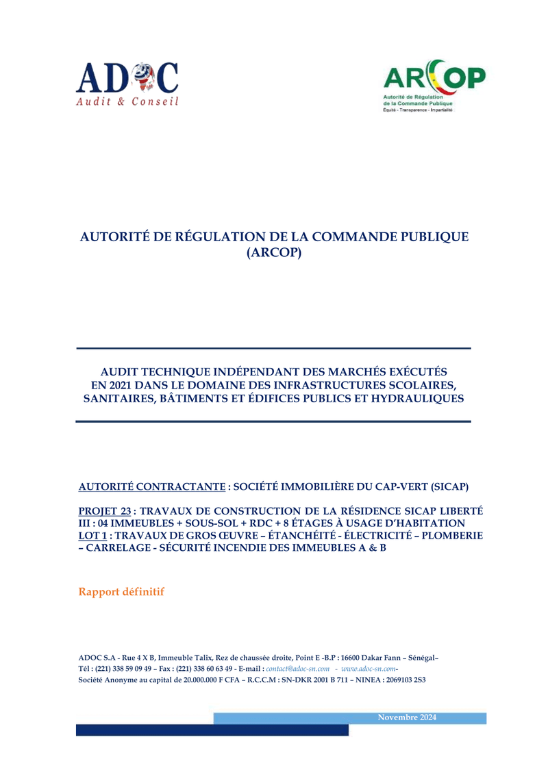 Audit technique indépendant du projet Résidence SICAP Liberté III Lot 1 à Dakar – ARCOP