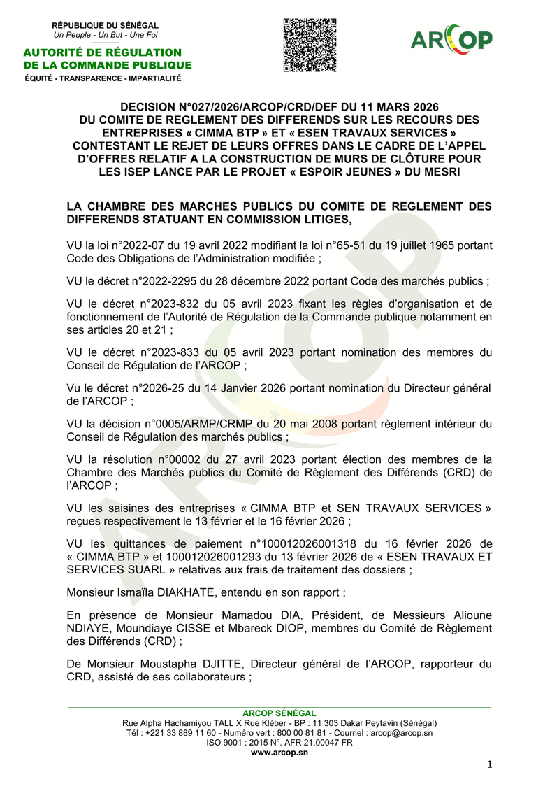Décision n°027/2026/ARCOP/CRD/DEF sur les recours de CIMMA BTP et ESEN Travaux Services contre le re