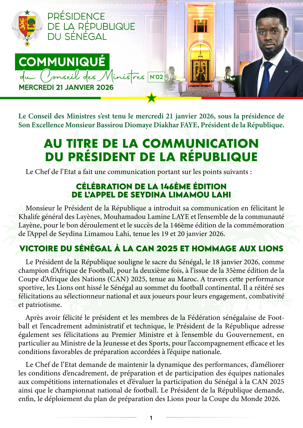 Conseil des Ministres du 21 janvier 2026