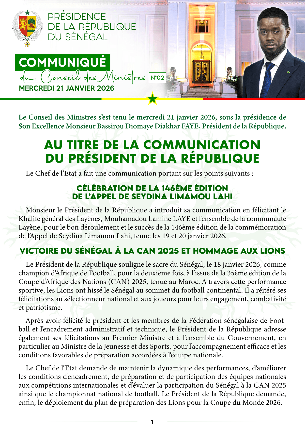 Conseil des Ministres du 21 janvier 2026