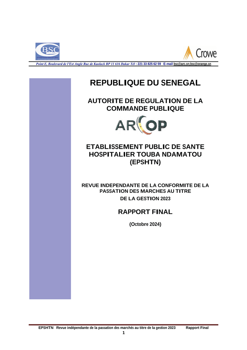 Rapport final d’audit du 30 octobre 2024 sur la conformité de la passation des marchés 2023 de l’Établissement Public de Santé Hospitalier Touba Ndamatou – ARCOP