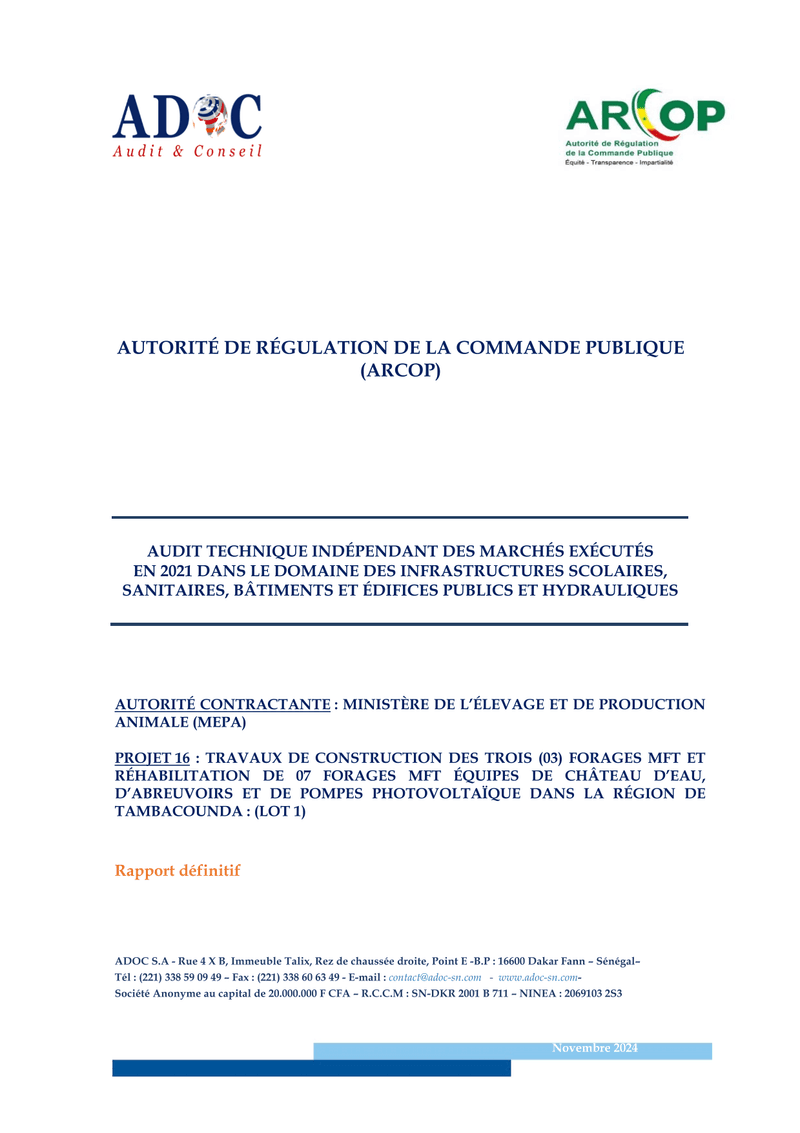 Audit technique indépendant du projet de forages MFT à Tambacounda, lot 1 – ARCOP
