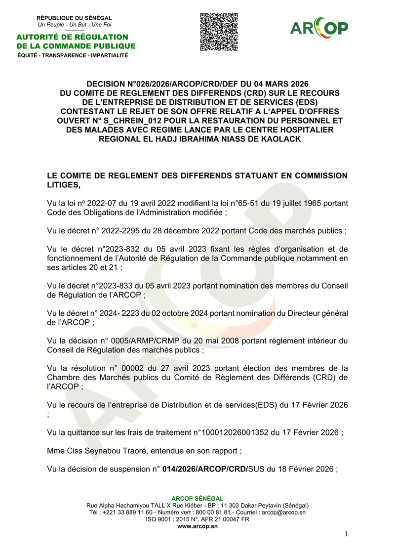 Décision n°026/2026/ARCOP/CRD/DEF du 04 mars 2026 sur le recours d’EDS contre le rejet de son offre pour un marché de restauration hospitalière à Kaolack – Comité de Règlement des Différends de l’ARCOP