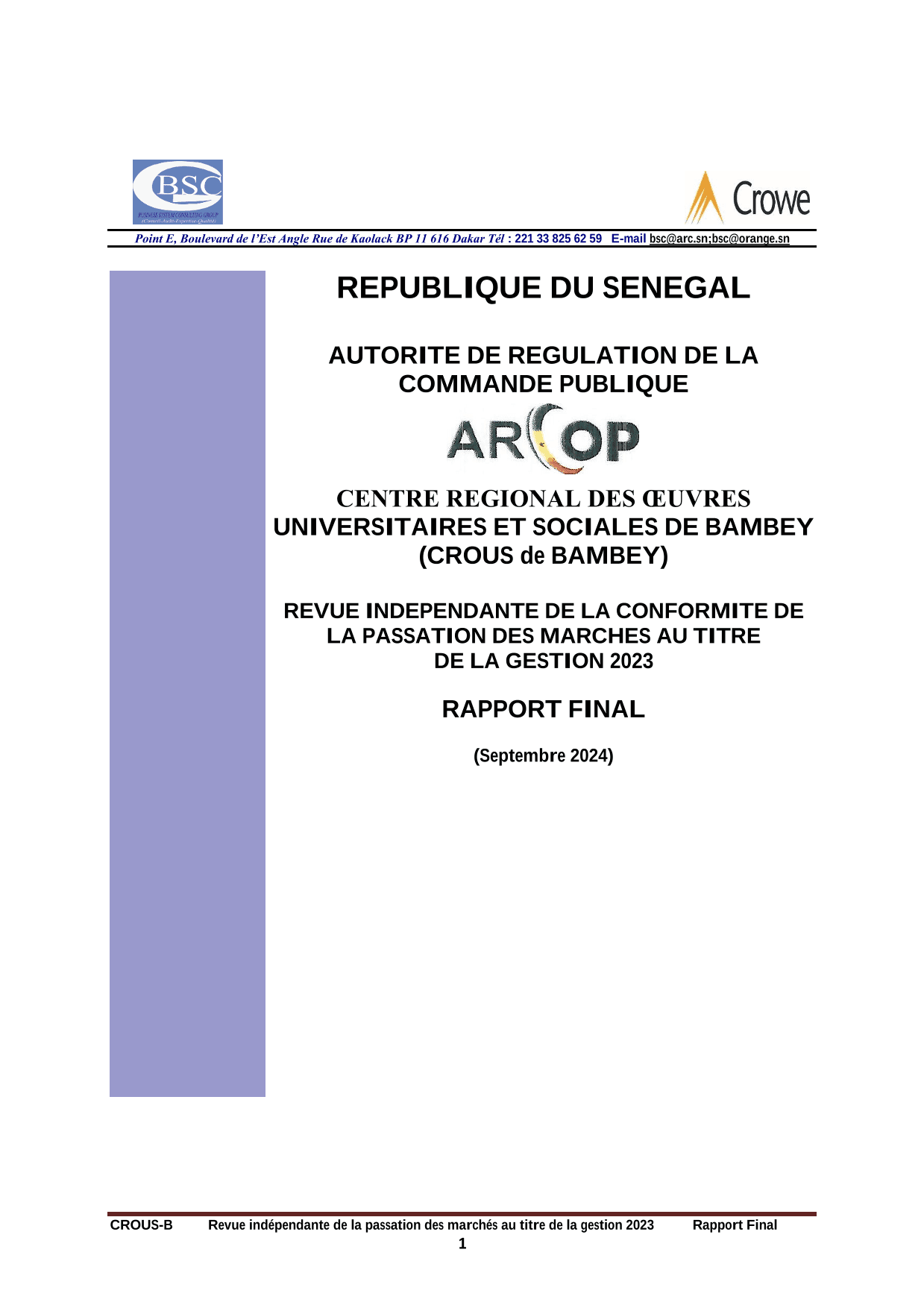 Revue indépendante de la conformité de la passation des marchés 2023 du CROUS de Bambey – ARCOP