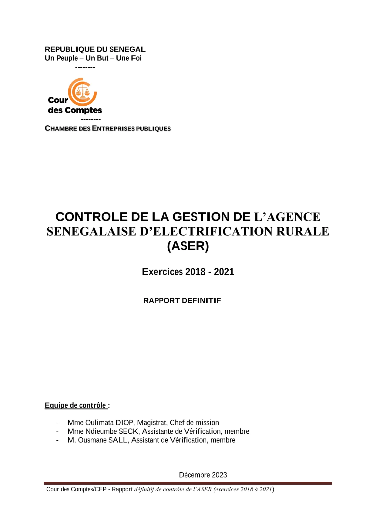 Cour des comptes Rapport contrôle de la gestion de l'ASER (2018-2021)