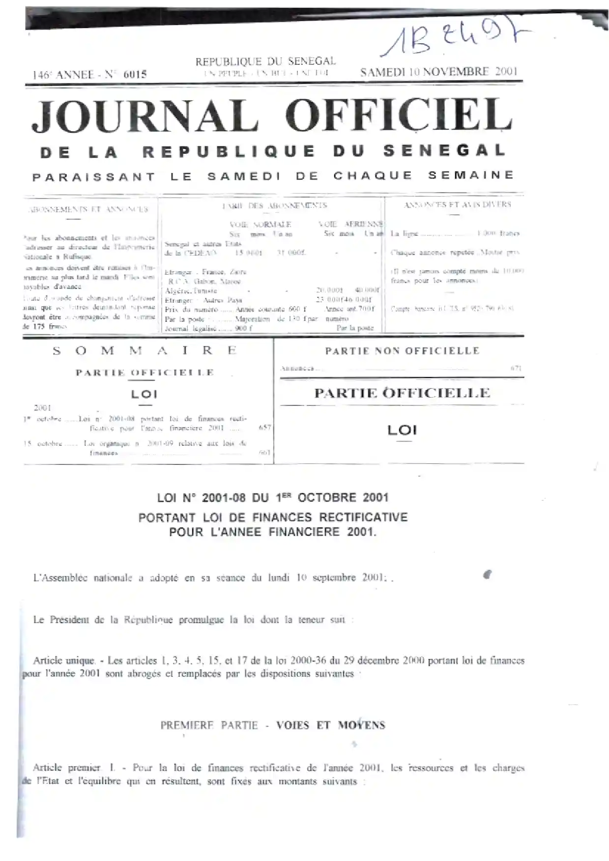 LOI N° 2001-08 DU 1ER OCTOBRE 2001 PORTANT LOI DE FINANCES RECTIFICATIVE POUR L'ANNEE FINANCIERE 2001
