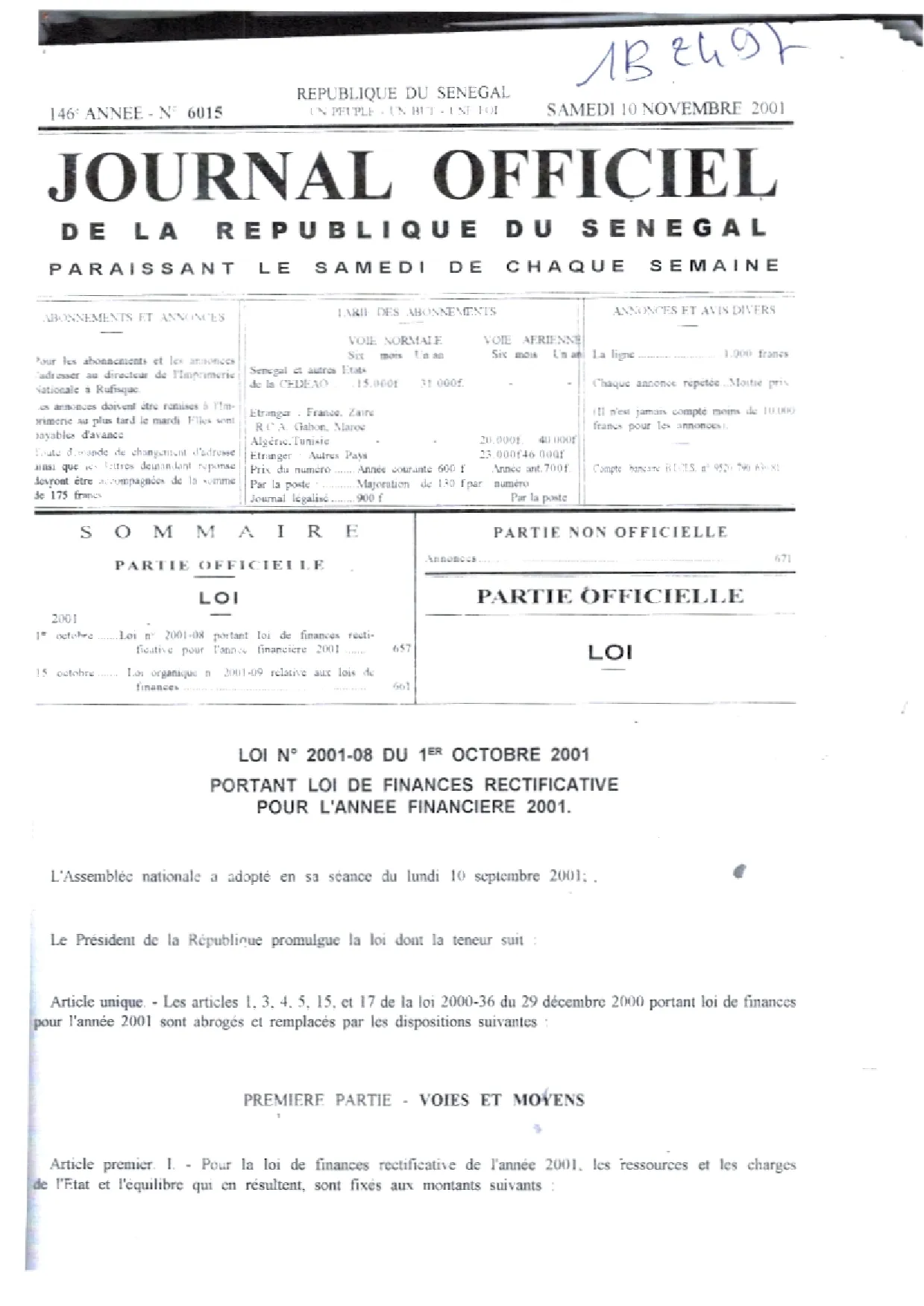 LOI N° 2001-08 DU 1ER OCTOBRE 2001 PORTANT LOI DE FINANCES RECTIFICATIVE POUR L'ANNEE FINANCIERE 2001