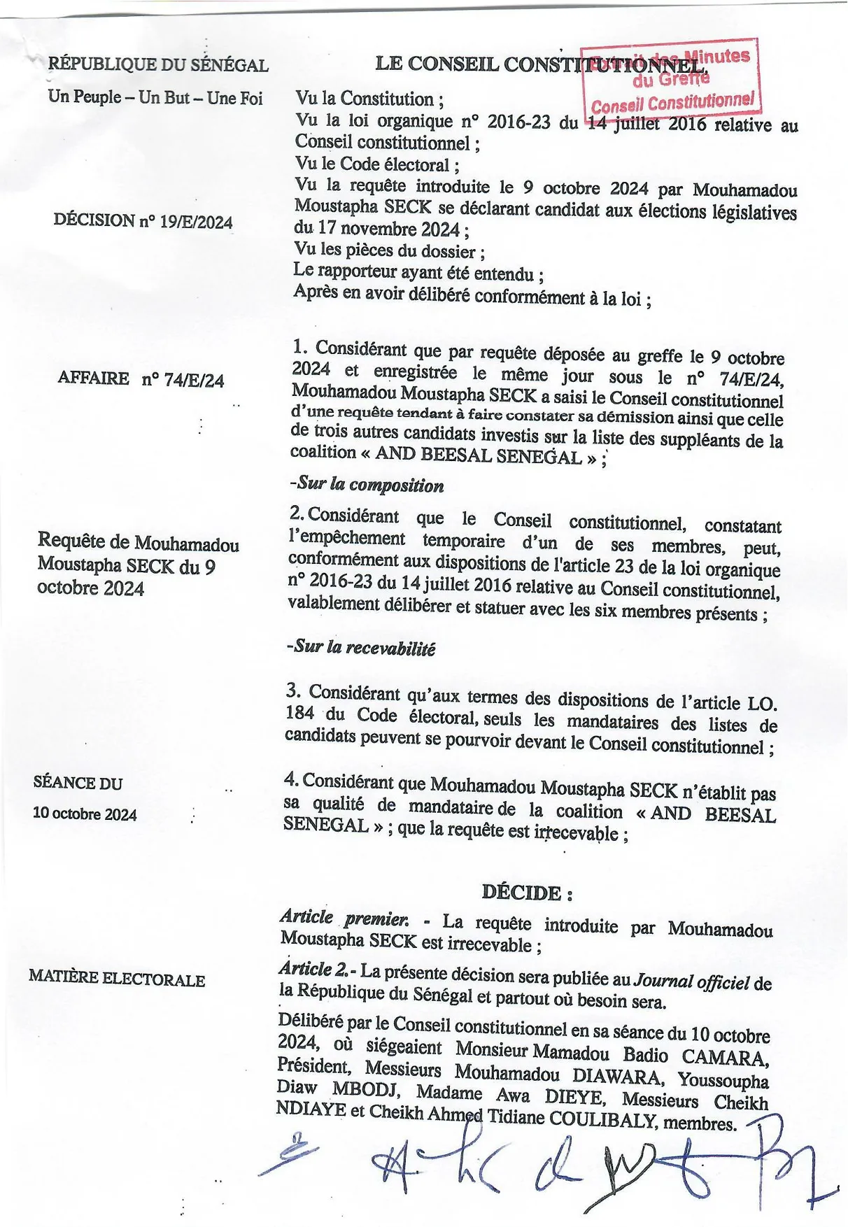 Décision n° 19/E/2024 du 10 octobre 2024 portant irrecevabilité de la requête de Mouhamadou Moustapha SECK – Conseil constitutionnel du Sénégal
