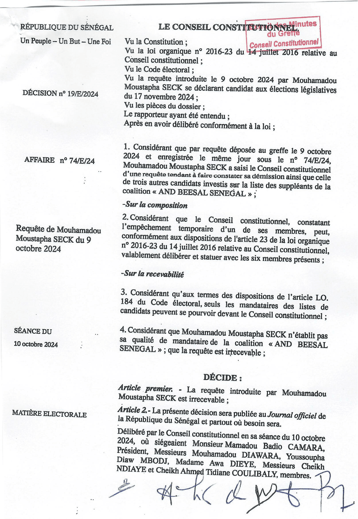 Décision n° 19/E/2024 du 10 octobre 2024 portant irrecevabilité de la requête de Mouhamadou Moustapha SECK – Conseil constitutionnel du Sénégal