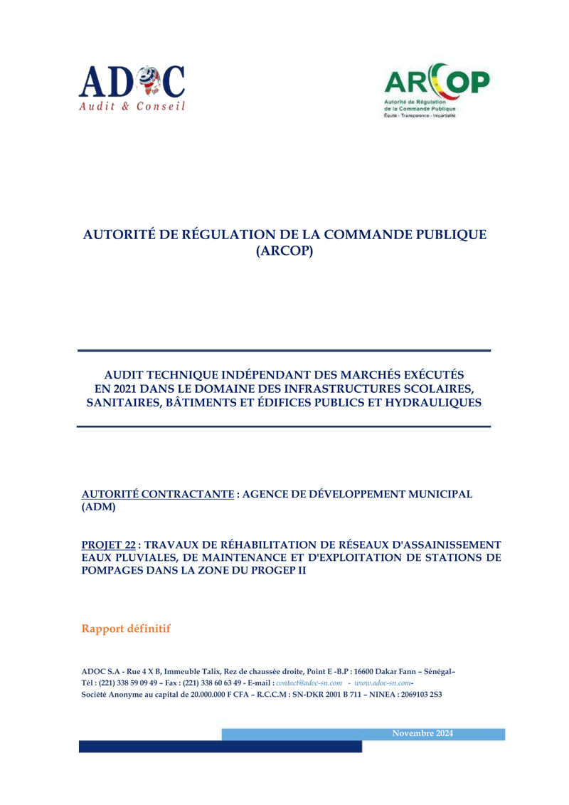 Rapport définitif d’audit technique indépendant du projet 22 d’assainissement des eaux pluviales dans la zone du PROGEP II – ARCOP