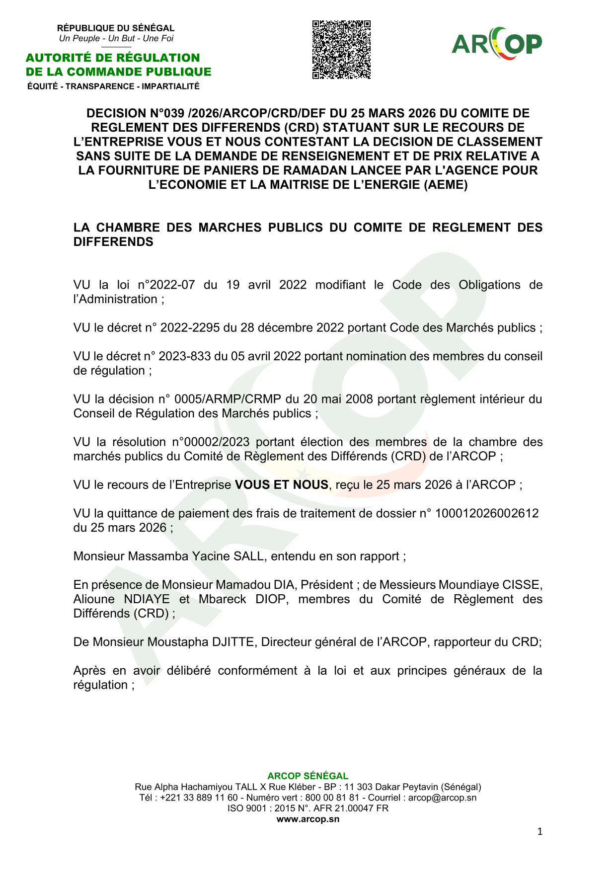 Décision n°039/2026 de l’ARCOP sur le recours de l’entreprise Vous et Nous contre le classement sans