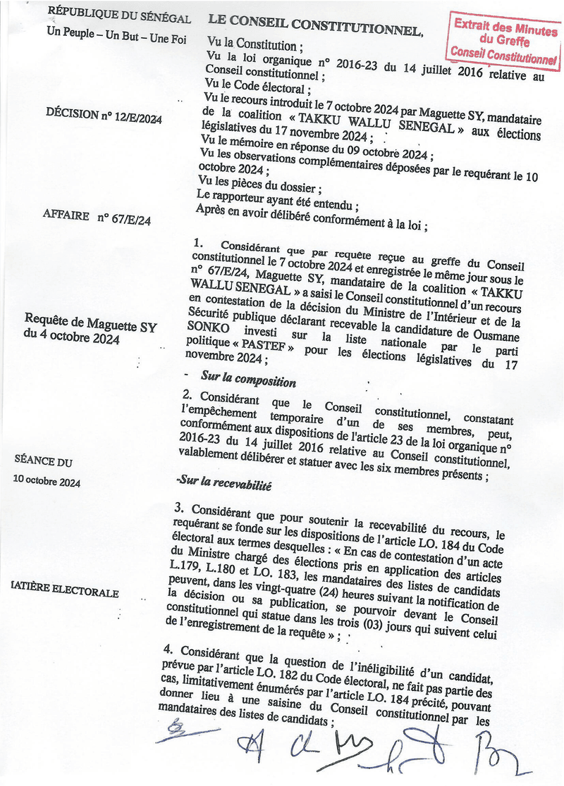 Décision n° 12/E/2024 du 10 octobre 2024 sur la recevabilité de la candidature de Ousmane Sonko aux législatives du 17 novembre 2024 – Conseil constitutionnel
