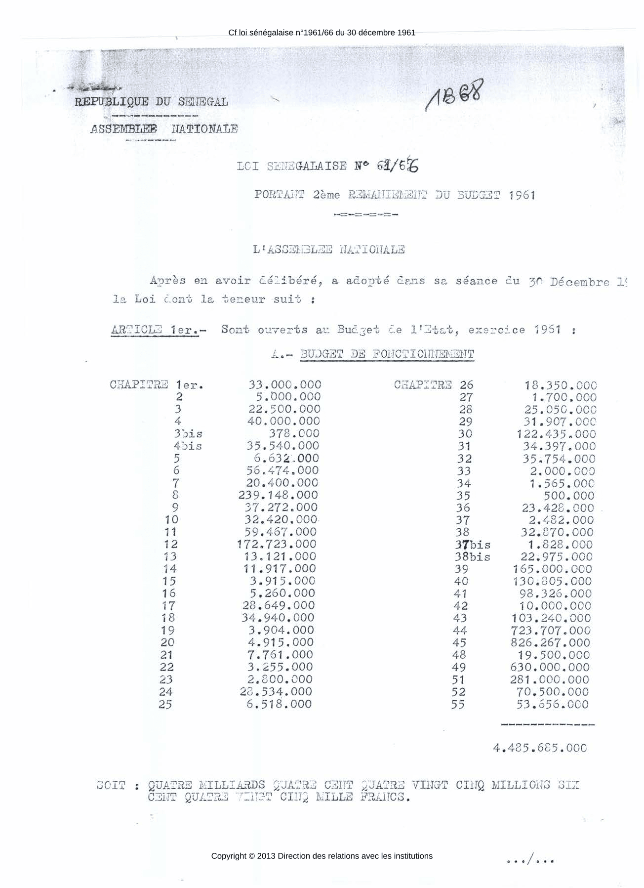 Loi sénégalaise n°61/66 du 30 décembre 1961 portant 2ème remaniement du budget 1961