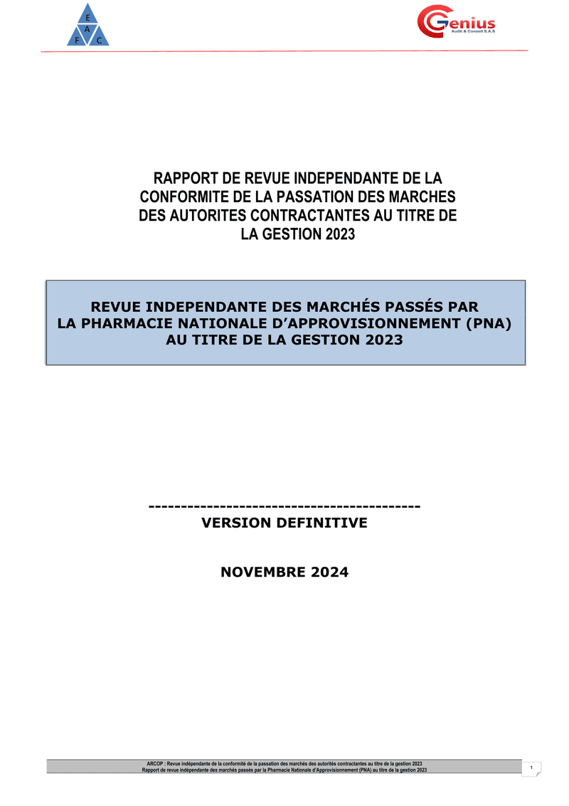 Rapport d’audit de conformité du 26 novembre 2024 sur les marchés passés par la Pharmacie Nationale d’Approvisionnement au titre de la gestion 2023 – ARCOP