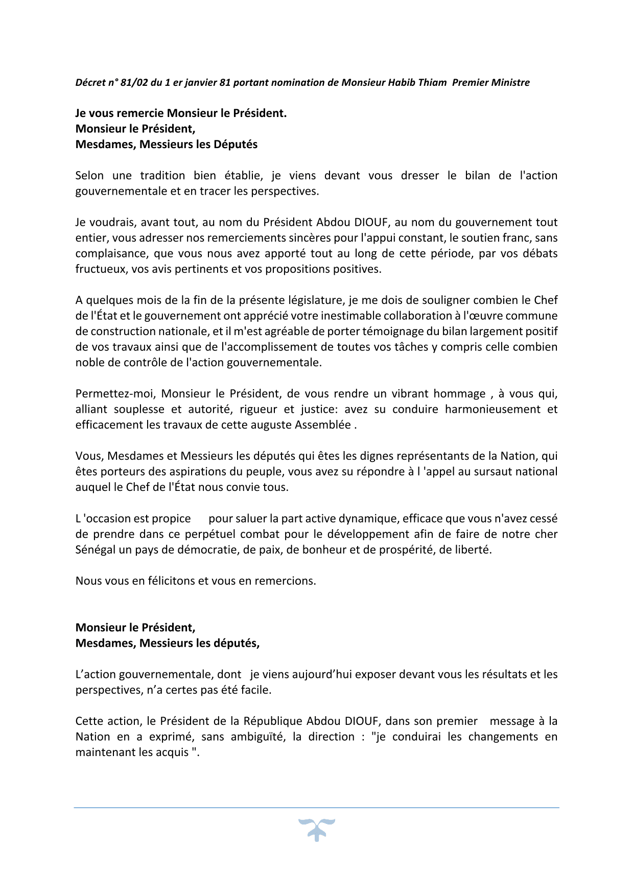 Décret n° 81/02 du 1er janvier 1981 portant nomination de Monsieur Habib Thiam Premier Ministre - Di
