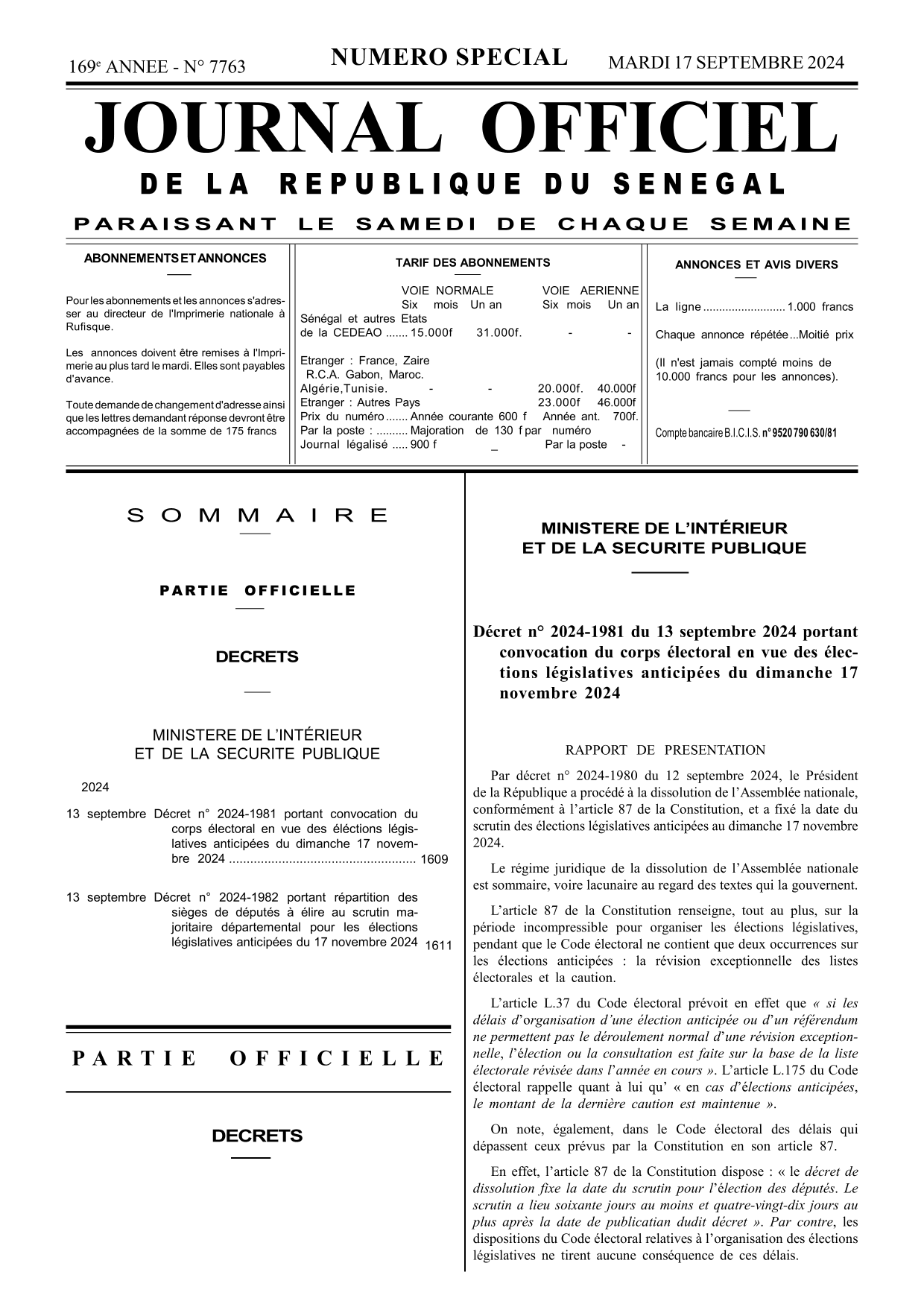 Décret n° 2024-1981 du 13 septembre 2024 portant convocation du corps électoral pour les élections législatives anticipées du 17 novembre 2024 – Président de la République