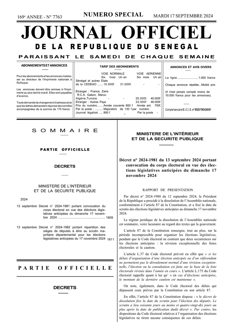 Décret n° 2024-1981 du 13 septembre 2024 portant convocation du corps électoral pour les élections législatives anticipées du 17 novembre 2024 – Président de la République