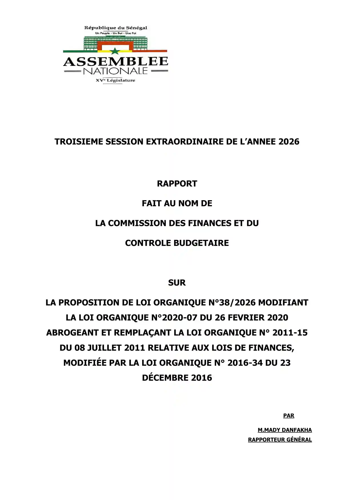 Rapport Proposition de loi organique n°38/2026 – Modification de la loi organique relative aux lois de finances (LOLF) - Assemblée nationale du Sénégal
