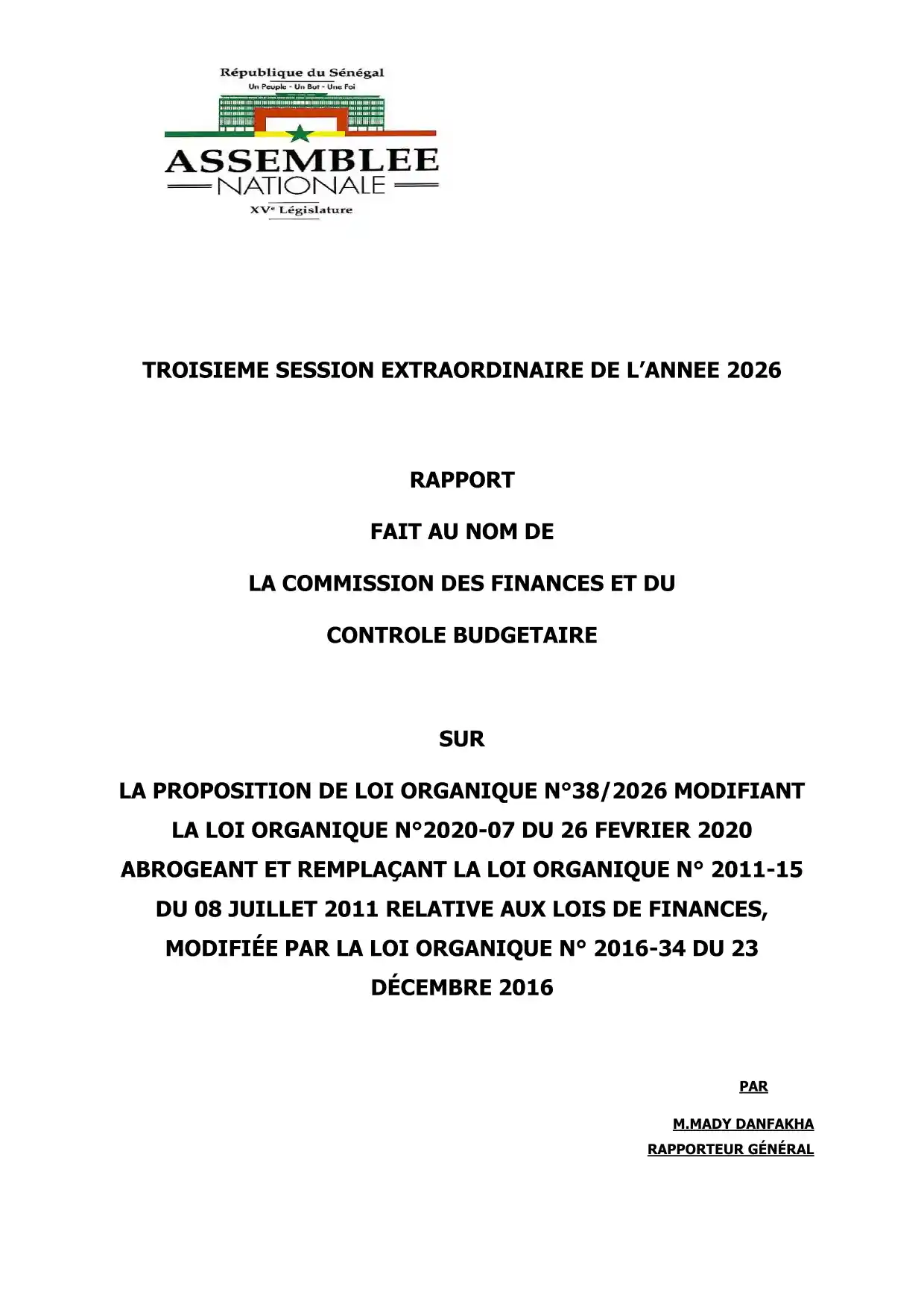 Rapport Proposition de loi organique n°38/2026 – Modification de la loi organique relative aux lois de finances (LOLF) - Assemblée nationale du Sénégal