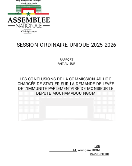 Rapport Commission ad hoc - levée de l'immunité parlementaire du Député Mouhamadou Ngom (Farba)