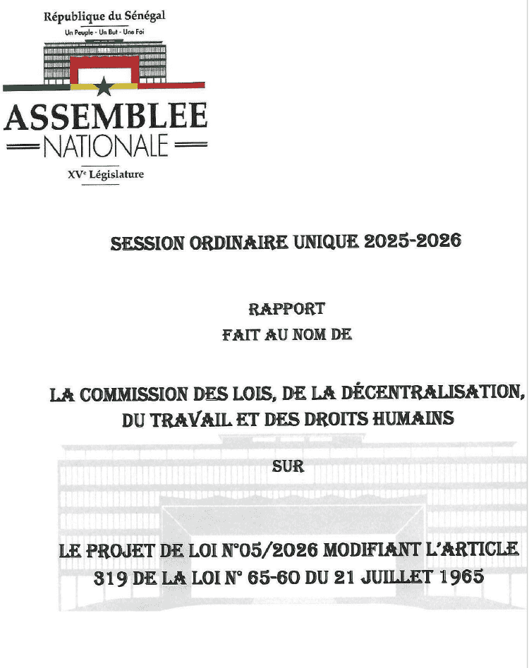 Aperçu Rapport de la Commission des Lois sur le projet de loi n°05/2026 modifiant l'article 319 du Code pénal