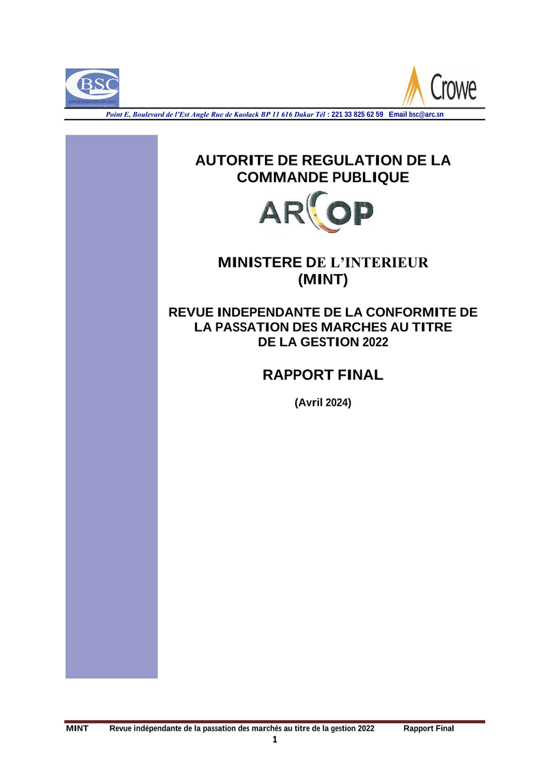 Rapport final d’audit de la conformité des marchés publics du Ministère de l’Intérieur – gestion 2022 – ARCOP