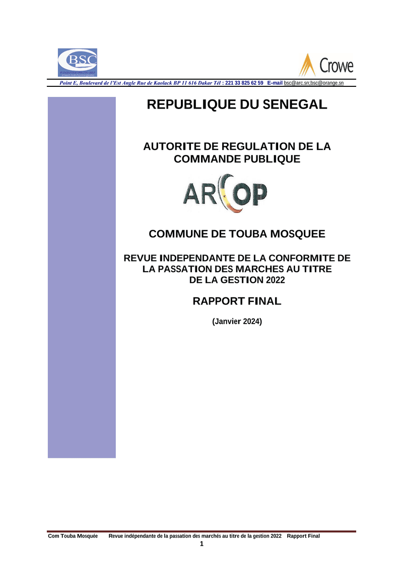 Rapport final de revue indépendante de la conformité de la passation des marchés 2022 de la Commune de Touba Mosquée – ARCOP