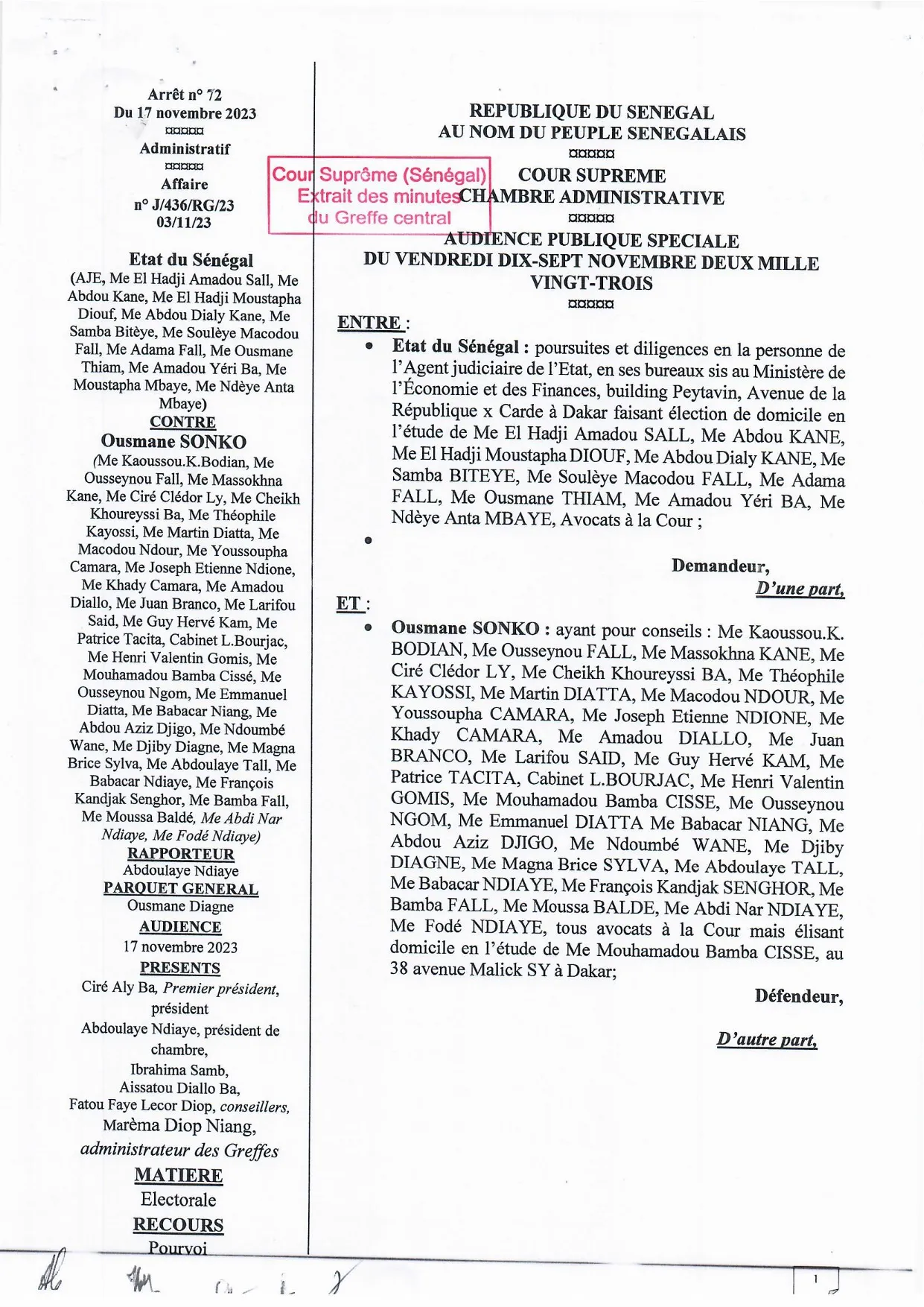 Arrêt n° 72 du 17 novembre 2023 sur la réintégration d’Ousmane Sonko sur les listes électorales de Ziguinchor – Cour suprême du Sénégal, Chambre administrative
