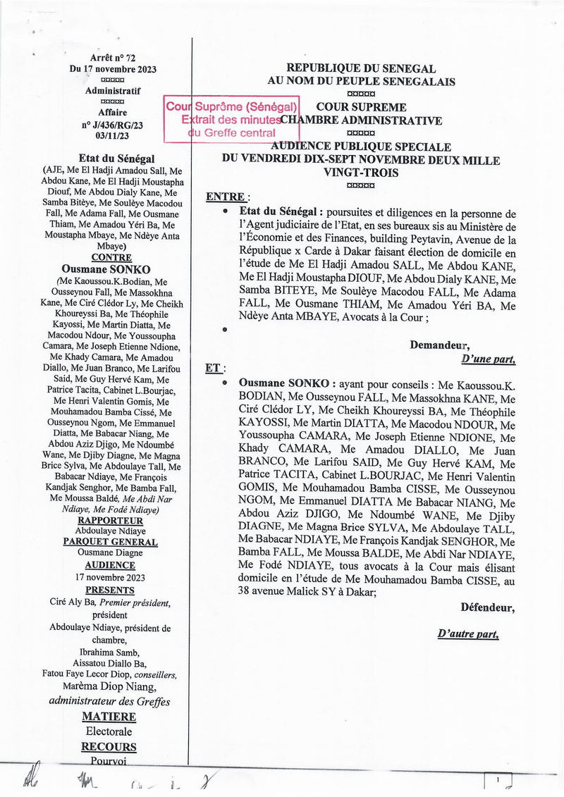 Arrêt n° 72 du 17 novembre 2023 sur la réintégration d’Ousmane Sonko sur les listes électorales de Ziguinchor – Cour suprême du Sénégal, Chambre administrative