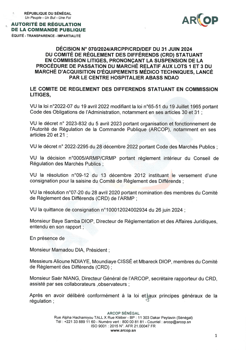 Décision n° 070/2024/ARCPP/CRD/DEF sur le recours d’Oumou GROUP relatif au marché d’acquisition d’équipements médico-techniques du Centre Hospitalier Abass NDAO – ARCOP