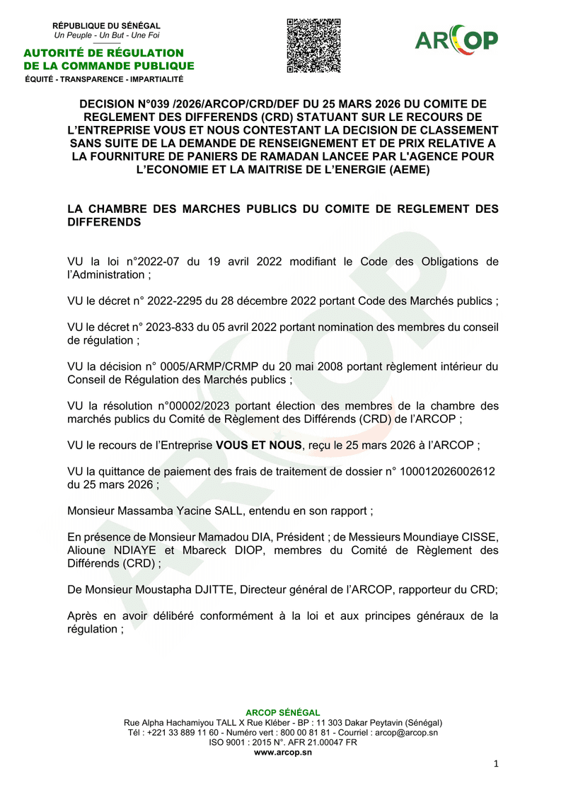 Décision n°039/2026/ARCOP/CRD/DEF sur le recours de l’entreprise VOUS ET NOUS relatif à des paniers 