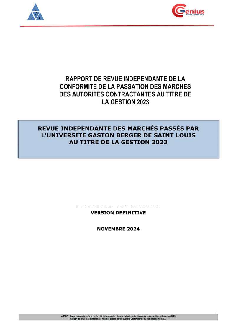 Rapport d’audit de conformité des marchés publics de l’Université Gaston Berger de Saint-Louis, gestion 2023 – ARCOP