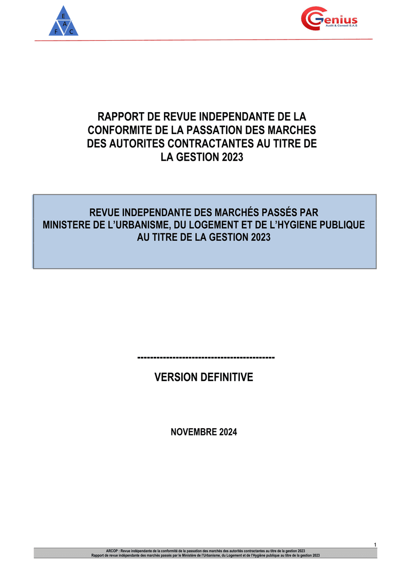 Rapport d’audit de conformité des marchés publics du Ministère de l’Urbanisme, du Logement et de l’Hygiène publique, gestion 2023 – ARCOP