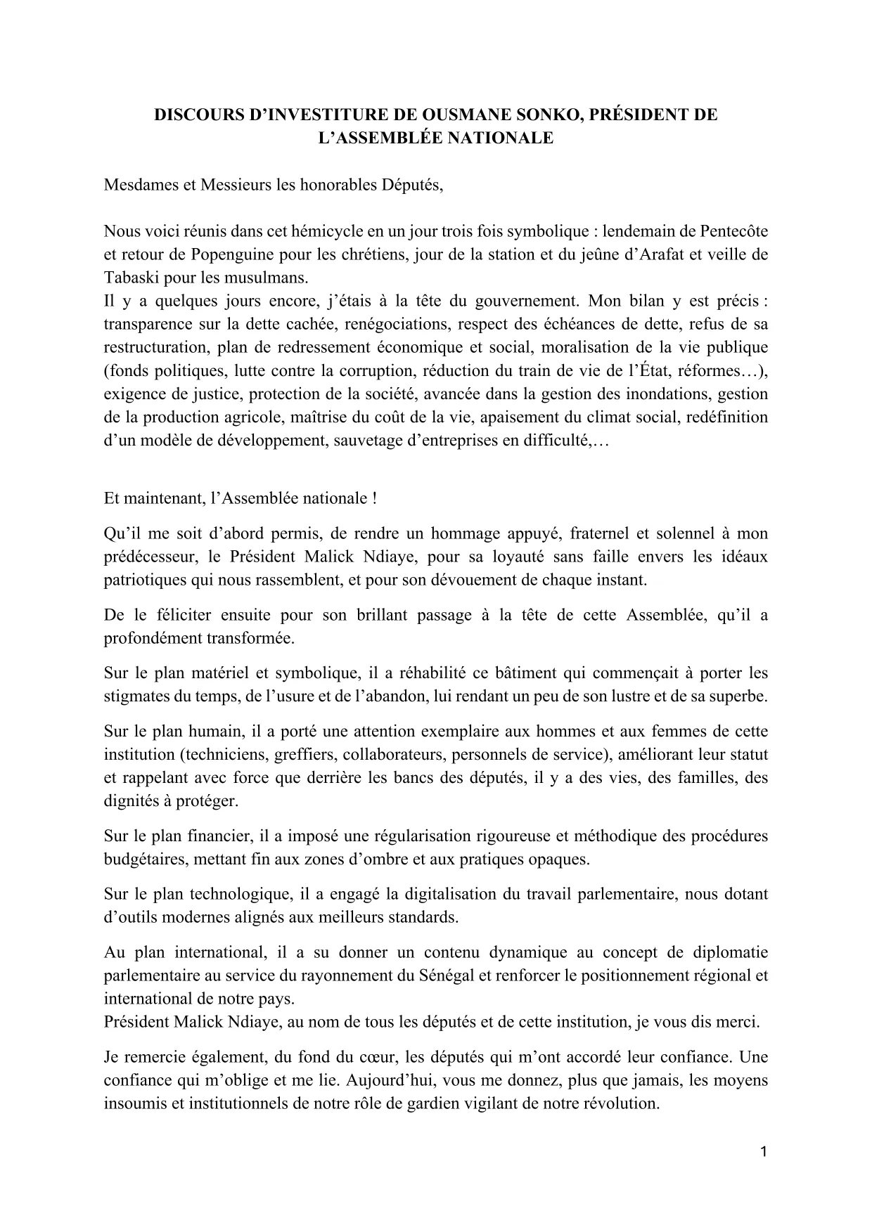 Discours d'investiture d'Ousmane Sonko, 14e Président de l'Assemblée nationale du Sénégal
