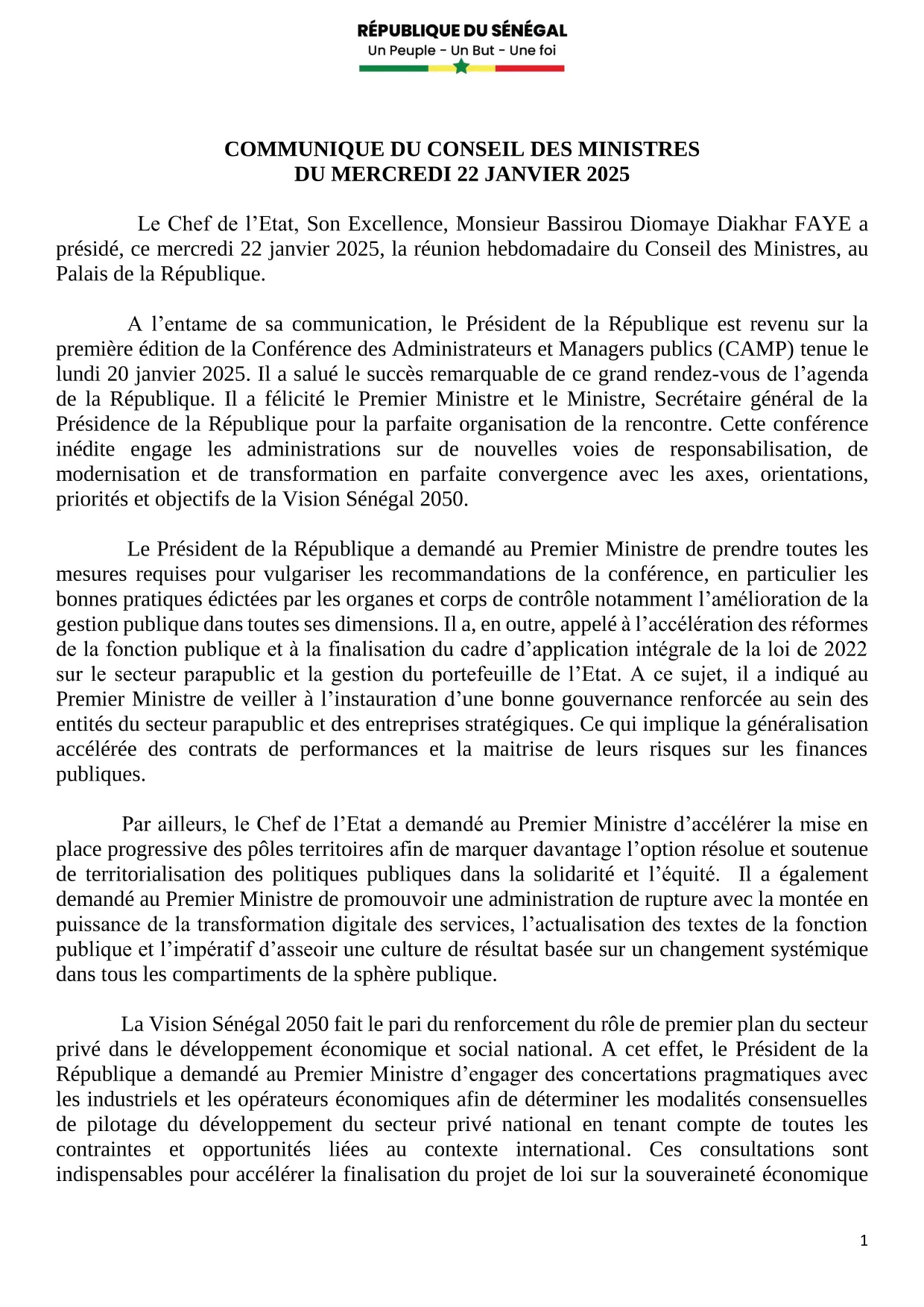 Conseil des ministres du 22 janvier 2025