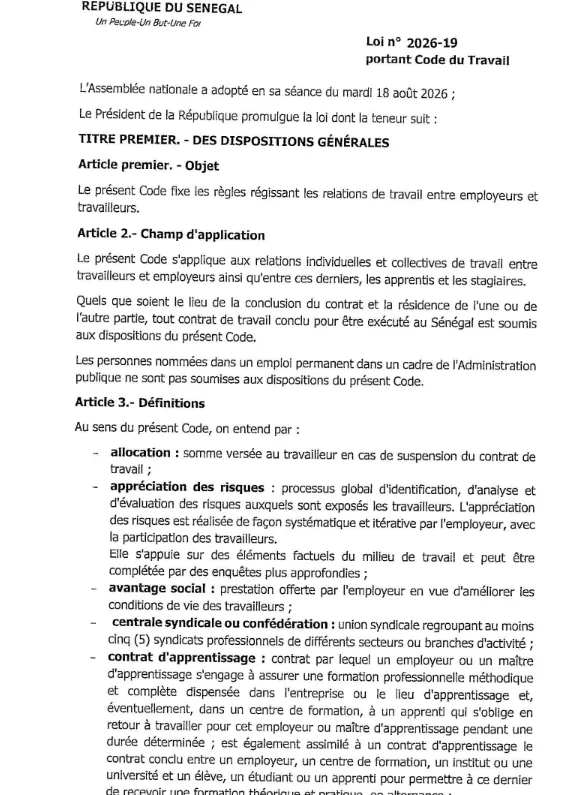 Loi n° 2026-19 portant Code du Travail – République du Sénégal