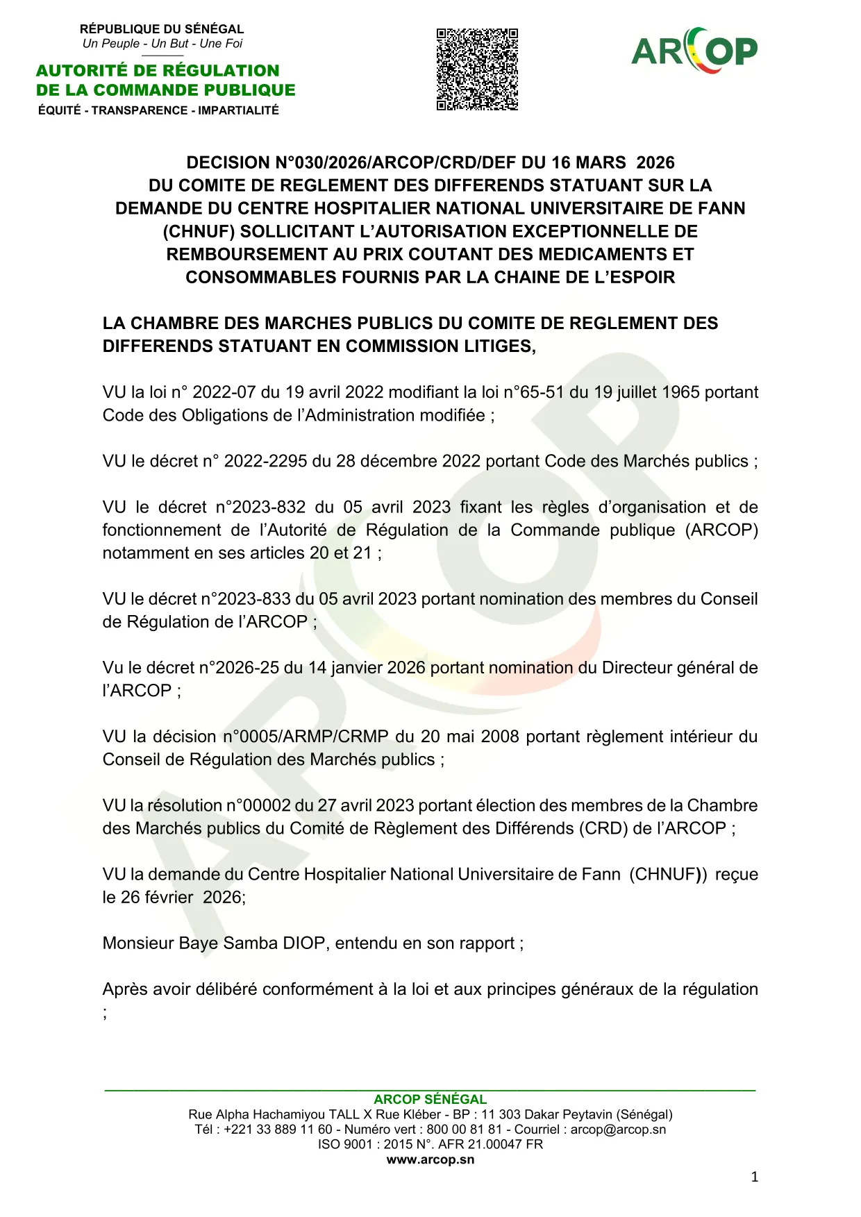 Décision n°030/2026/ARCOP/CRD/DEF sur l’entente directe pour l’approvisionnement du CHNU de Fann – A