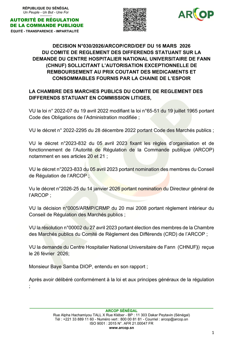 Décision n°030/2026/ARCOP/CRD/DEF sur l’entente directe pour l’approvisionnement du CHNU de Fann – A
