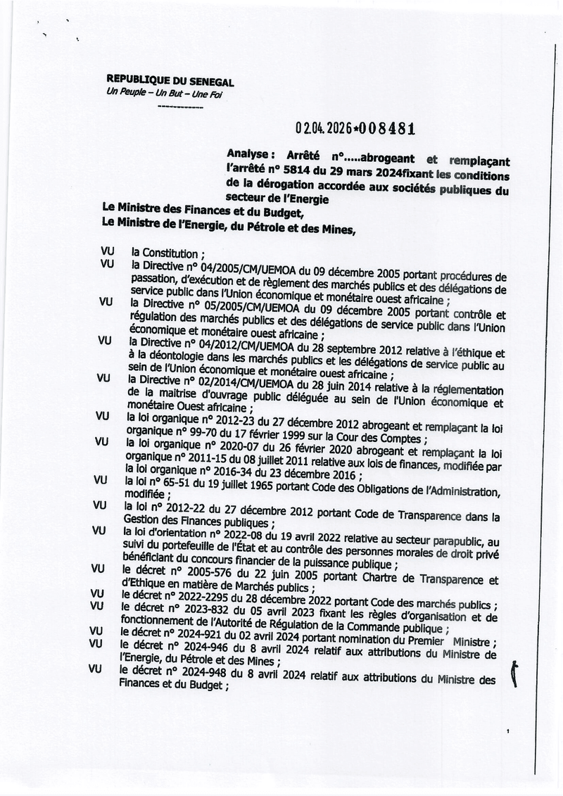 Arrêté n° 8481 du 2 avril 2026 fixant les conditions de dérogation au Code des marchés publics pour les sociétés publiques de l’énergie au Sénégal – Ministère des Finances et du Budget