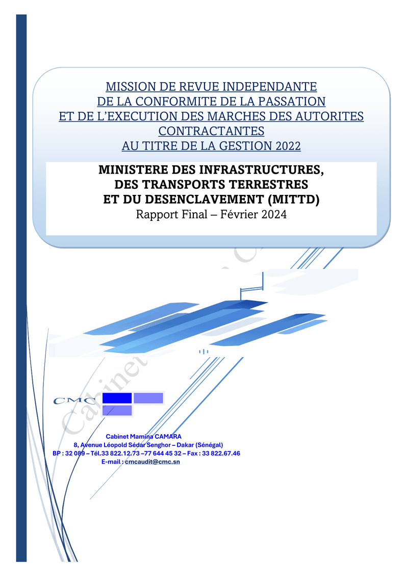 Rapport d’audit sur la passation et l’exécution des marchés du Ministère des Infrastructures, des Transports terrestres et du Désenclavement, gestion 2022 – Cabinet Mamina CAMARA – ARCOP
