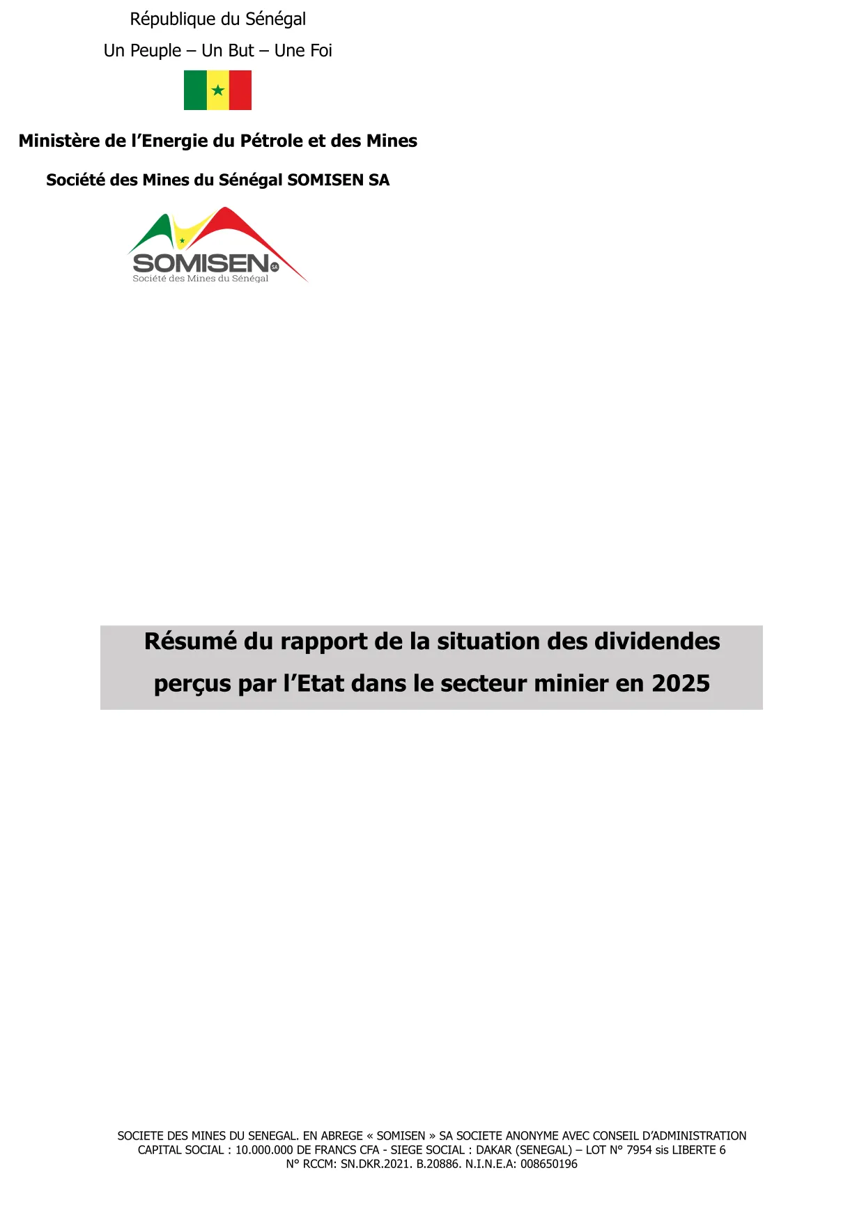 SOMISEN Rapport annuel 2025 sur les dividendes miniers