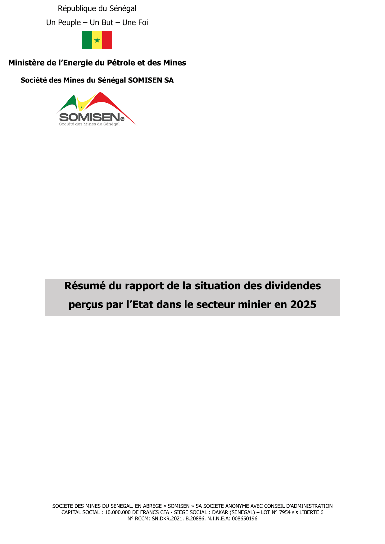 SOMISEN Rapport annuel 2025 sur les dividendes miniers