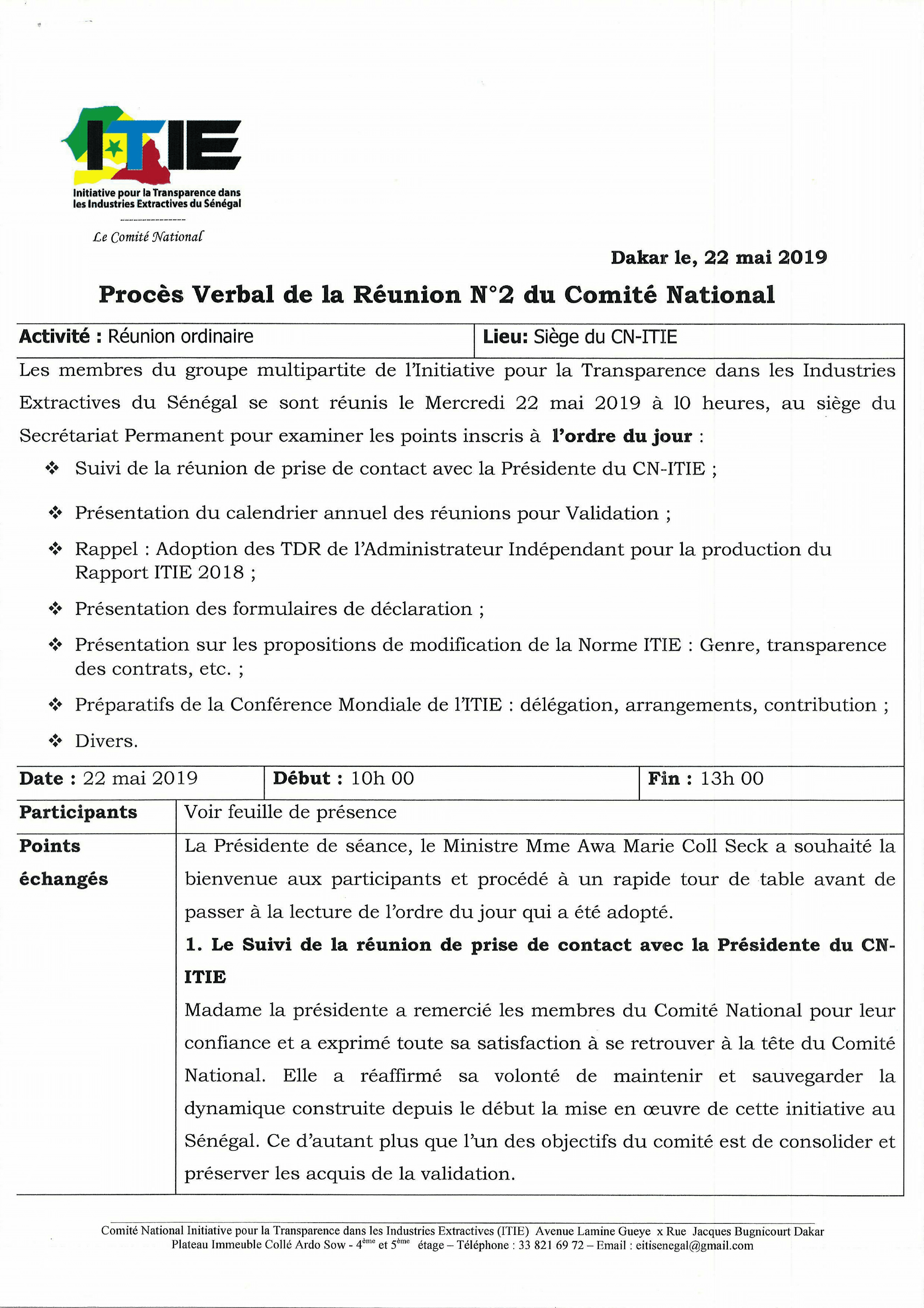 Procès-verbal de la réunion n°2 du 22 mai 2019 sur le Rapport ITIE 2018 – Comité national de l’Initiative pour la transparence dans les industries extractives (ITIE) Sénégal