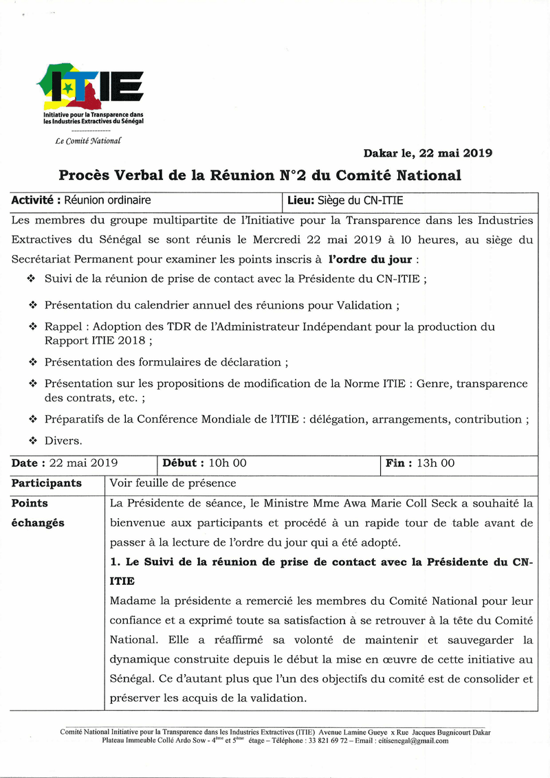 Procès-verbal de la réunion n°2 du 22 mai 2019 sur le Rapport ITIE 2018 – Comité national de l’Initiative pour la transparence dans les industries extractives (ITIE) Sénégal