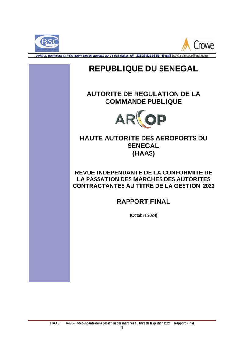 Rapport d’audit de conformité de la passation et de l’exécution des marchés publics 2023 de la Haute Autorité des Aéroports du Sénégal – ARCOP
